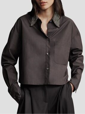 NWT TWP Little Big Joe Cotton Shirt with Crystal Collar in Fudge Brown